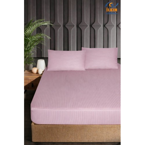 Pamuklu Çizgili Saten Lastikli Çarşaf Takımı + 2 Yastık Kılıfı (Çift Kişilik 160x200+30) Pudra 160 x 200