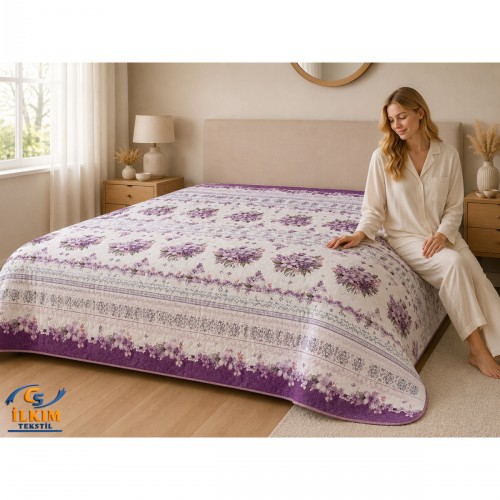 Kapitone Pamuklu Tek Kişilik, Çok Amaçlı Yatak Örtüsü / Pike 160 x 220 cm MOR LAVANTA